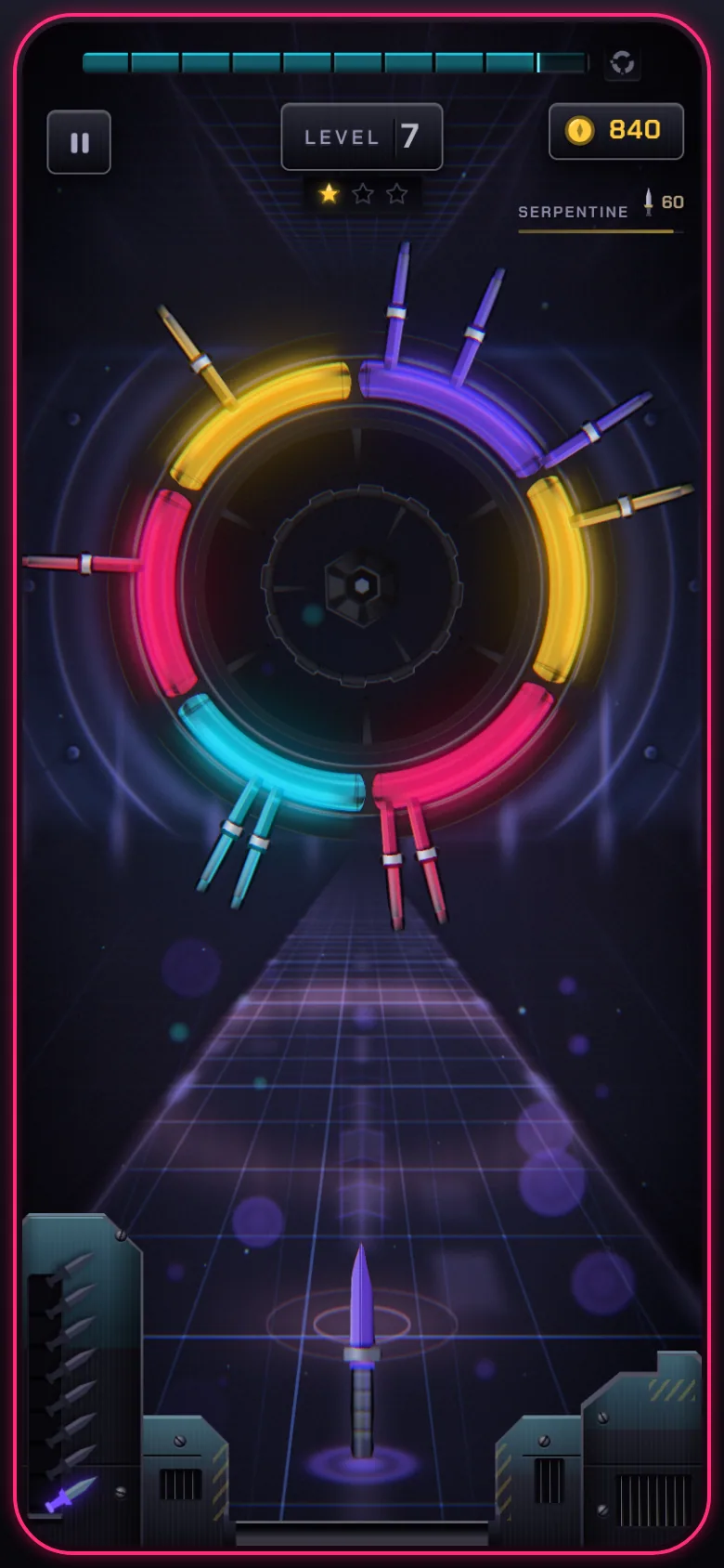 Level 7: a neon ring of magenta, amber, violet and cyan arcs carrying ten thrown knives, with the next knife waiting below.