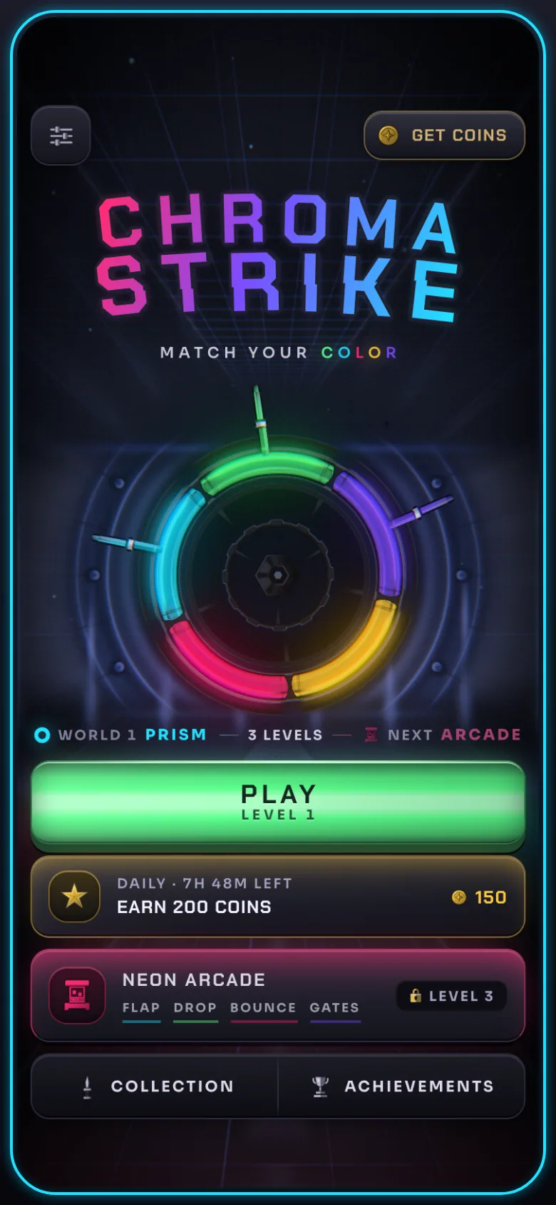 The main menu: CHROMA STRIKE over the spinning ring, a green PLAY button for level 1, the daily challenge and the NEON ARCADE below.