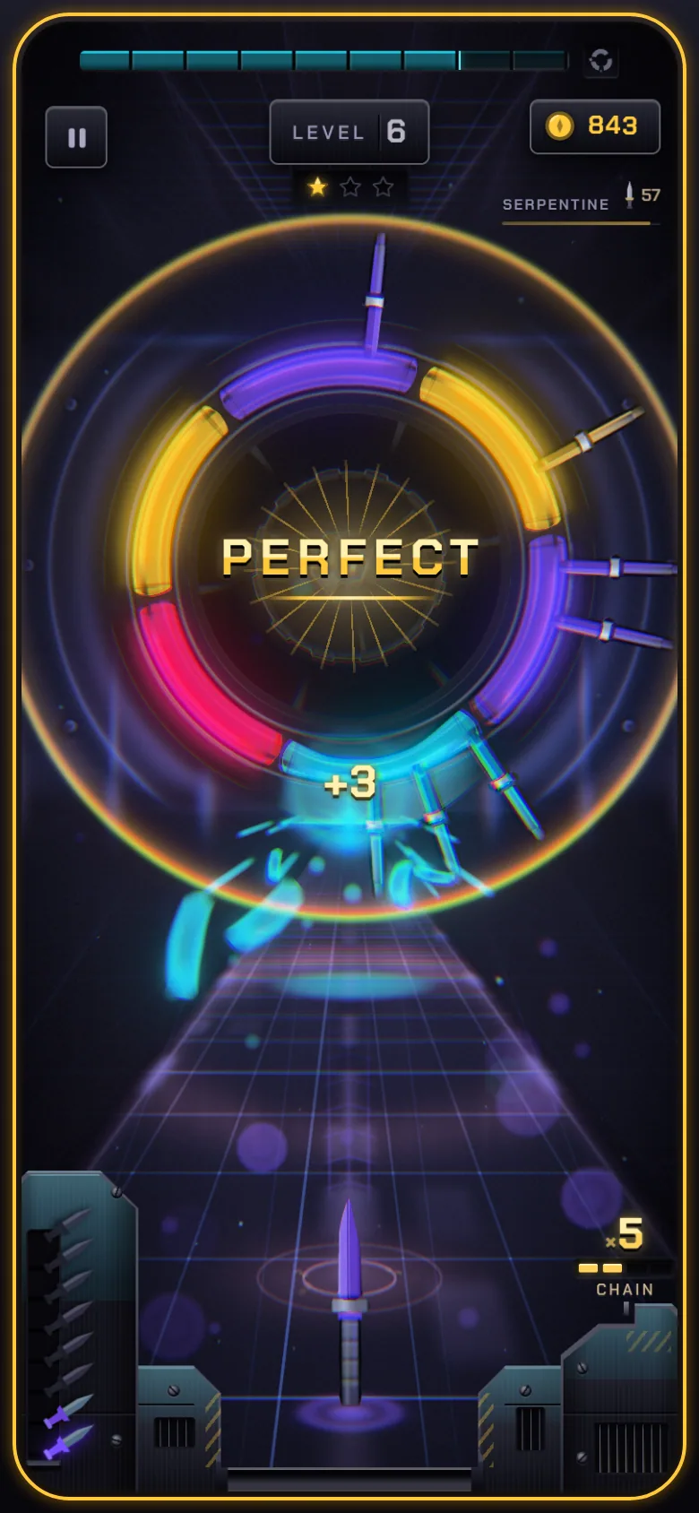 A PERFECT hit on level 6: the cyan arc bursts, +3 pops over a gold ring flash, and the chain multiplier reads x5.